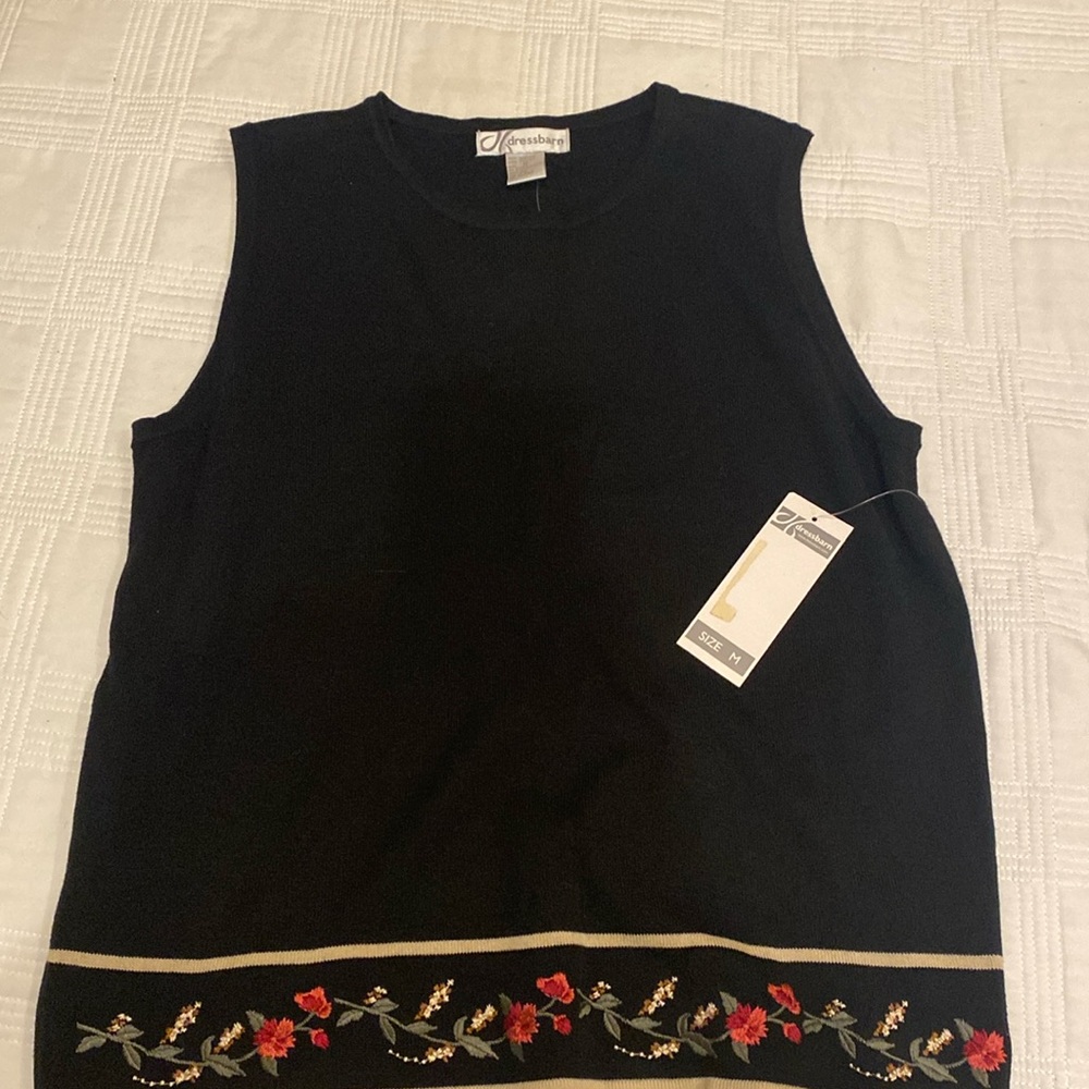 Dressbarn Sleeveless Scoop Neck Black Floral Vine Top Medium (b)